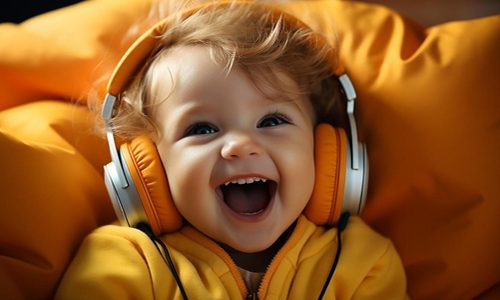 Cute smiling girl hearing music