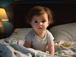 A baby crawling on the bed