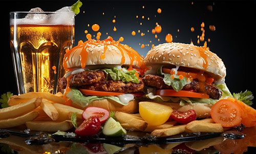 Burger with french fries and alcohol